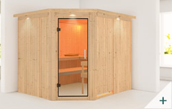 Sauna finlandese classica Malva coibentata con porta in vetro TRASPARENTE con cornice LED