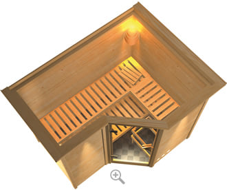 Sauna finlancese classica da casa in kit in legno massello di abete 40 mm Zara da interno con cornice LED sezione vista dall'alto