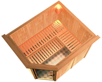Sauna finlandese classica Malva coibentata con cornice LED sezione vista dall'alto